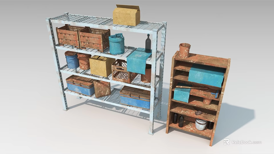 Multi tiered Metal and Wooden Display Shelves with Wooden Crates Blue Buckets and Storage Containers 3d model 