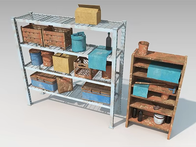 Multi tiered Metal and Wooden Display Shelves with Wooden Crates Blue Buckets and Storage Containers 3d model