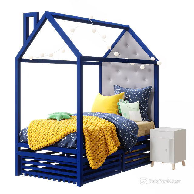 Blue House Shaped Kids Bed With Upholstered Headboard Colorful Pillows Yellow Blanket And White Nightstand 3d model 