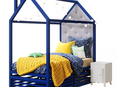 Blue House Shaped Kids Bed With Upholstered Headboard Colorful Pillows Yellow Blanket And White Nightstand 3d model