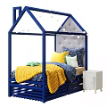 Blue House Shaped Kids Bed With Upholstered Headboard Colorful Pillows Yellow Blanket And White Nightstand