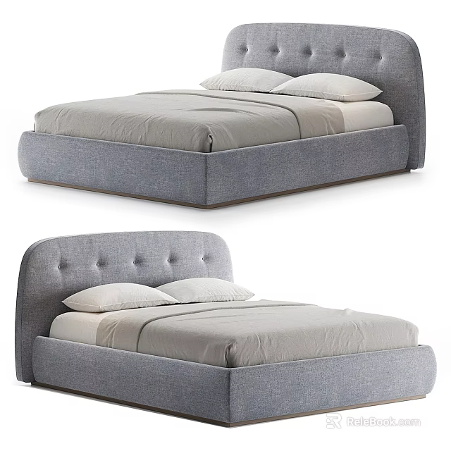 Gray Upholstered Double Bed With Tufted Headboard Modern Minimalist Light Colored Sheets Pillows 3d model
