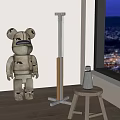 Modern Floor Lamp By Window With Wooden Bear Figure Small Stool And Night View