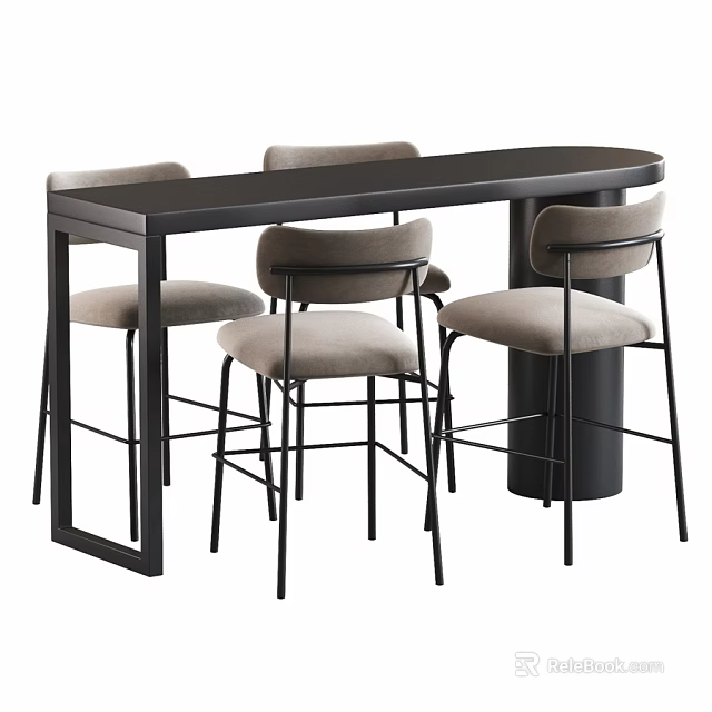 Modern Minimalist Black Bar Table And Four Soft Upholstered High Chairs For Daily Home Use 3d model 