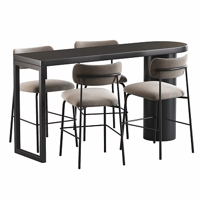 Modern Minimalist Black Bar Table And Four Soft Upholstered High Chairs For Daily Home Use 3d model