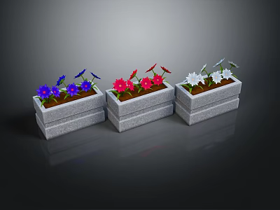 Three Rectangular Stone Planters With Colorful Flower Plants Blue Red White 3d model