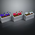 Three Rectangular Stone Planters With Colorful Flower Plants Blue Red White 3d model