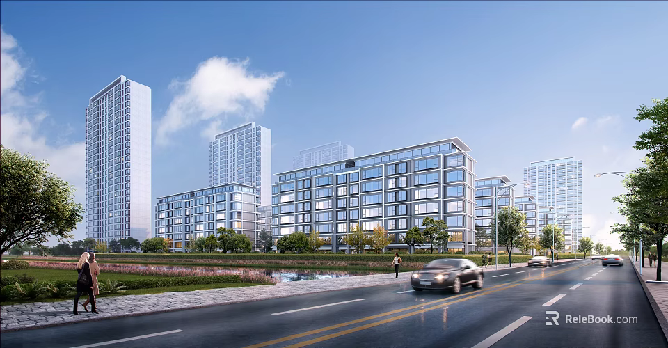 Modern Office Building with Glass Curtain Wall Near Road Green Landscaping Under Blue Sky 3d model 
