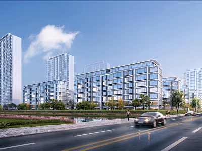 Modern Office Building with Glass Curtain Wall Near Road Green Landscaping Under Blue Sky 3d model