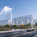 Modern Office Building with Glass Curtain Wall Near Road Green Landscaping Under Blue Sky