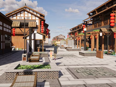 Traditional Chinese Architecture Commercial Street With Red Lanterns And Stone Paved Path 3d model