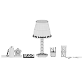 Pink Table Lamp with White Shade on Shelf with Books Colored Pencils and Alphabet Blocks