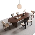Modern Wooden Oval Dining Table and Six Chairs Set With Light Cushions and Pendant Light
