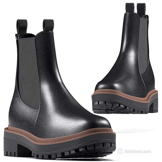 Black Leather Modern Boots With Thick Brown Sole And Elastic Side Panel 3d model 