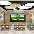Kindergarten Interior Design With Circular Ceiling Lights Wooden Decor Green Walls And Colorful Bookshelves