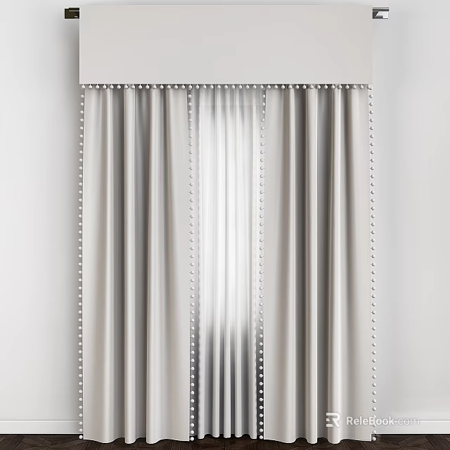 Gray Velvet Curtains With Pleated Top And Decorative Trim For Modern Interior 3d model 