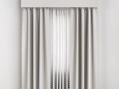 Gray Velvet Curtains With Pleated Top And Decorative Trim For Modern Interior 3d model
