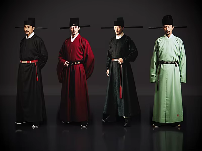 Men In Traditional Robes And Hats Standing In Various Colored Attire 3d model