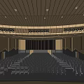 Spacious Conference Room Interior With Ceiling Design Rows Of Seats Projection Screen And Wooden Walls