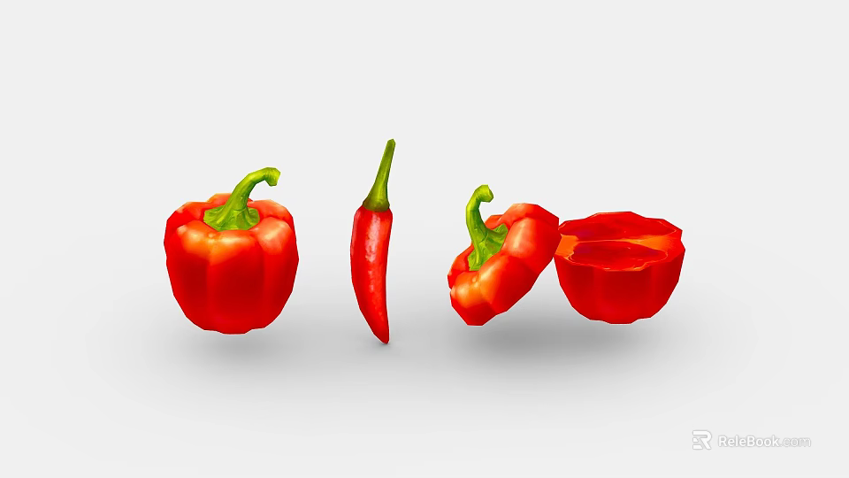 Fresh Red Bell Peppers And Chili Pepper Whole And Sliced Vegetables 3d model 