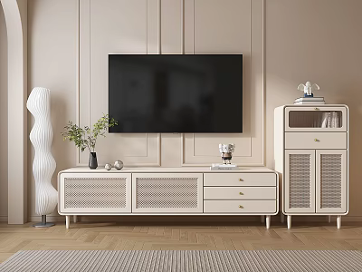 Modern White TV Stand with Light Wall Wooden Floor and Decorative Storage Cabinet 3d model