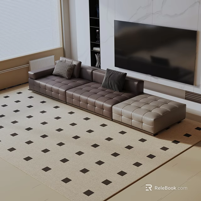 Modern Brown Leather Three Seater Sofa With Patterned Rug Wall Mounted TV And Pillows 3d model 