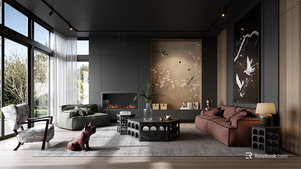 Contemporary Dark Themed Living Room With Exquisite Art Murals Cozy Sofas And Built In Fireplace 3d model 
