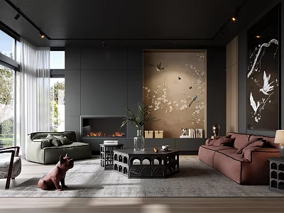 Contemporary Dark Themed Living Room With Exquisite Art Murals Cozy Sofas And Built In Fireplace 3d model