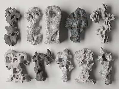 Natural Stone and Wood Decorative Pieces with Various Shapes and Intricate Textures 3d model