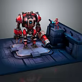 Small Character Standing On High Platform With Red Giant Mech In Sci Fi Setting 3d model