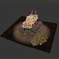 White Off Road Truck Model With Red Flame Large Tires Rocks Dirt On Dark Background