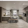 Modern Open Concept Restaurant Kitchen With Island Counter Pendant Lights And City View