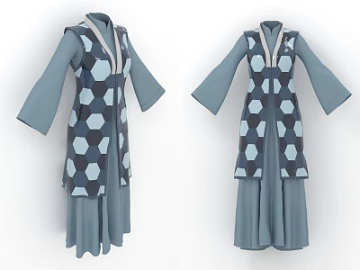 Elegant Women's Long Vest With Dark Blue Hexagonal Pattern And Light Blue Long Sleeves Dress 3d model