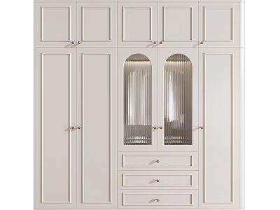 Classic White Wardrobe Design With Glass Front Doors And Drawer Storage 3d model