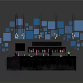 Modern Bar Interior With Blue Square Decorations Counter Stools And Lighting