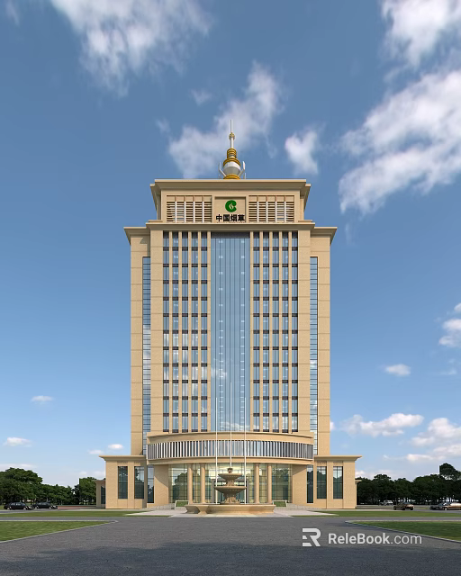 Modern Zhongnonglian Office Building With Golden Top And Glass Curtain Wall Under Blue Sky 3d model 