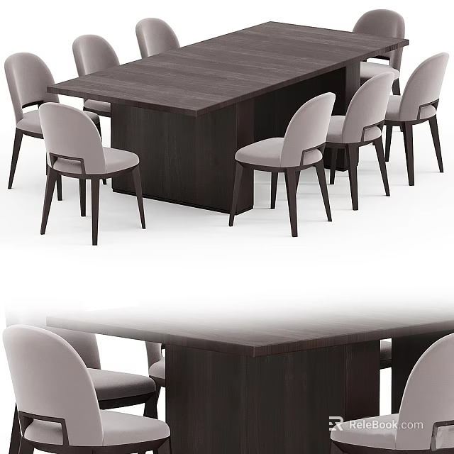 Modern Dark Wood Dining Table Set With Light Grey Upholstered Chairs 3d model