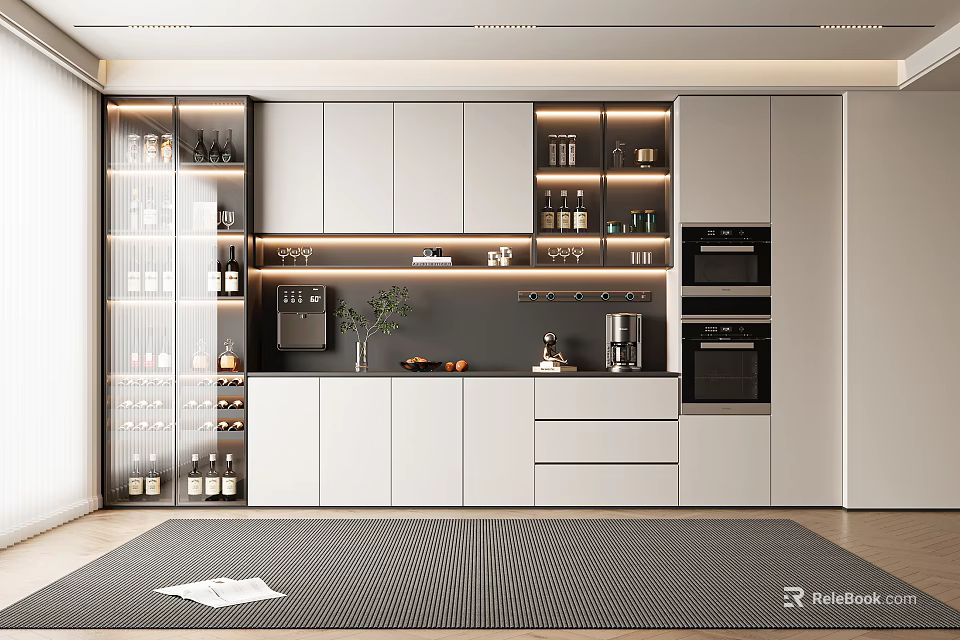 Modern Kitchen Interior With Built in Wine Cabinet Glass Doors LED Lighting And White Cabinets 3d model 