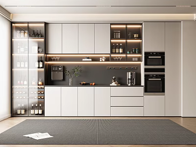 Modern Kitchen Interior With Built in Wine Cabinet Glass Doors LED Lighting And White Cabinets 3d model