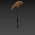 Ancient Bronze Axe With Curved Blade Long Handle Black Wrapped Section And Red Gemstone