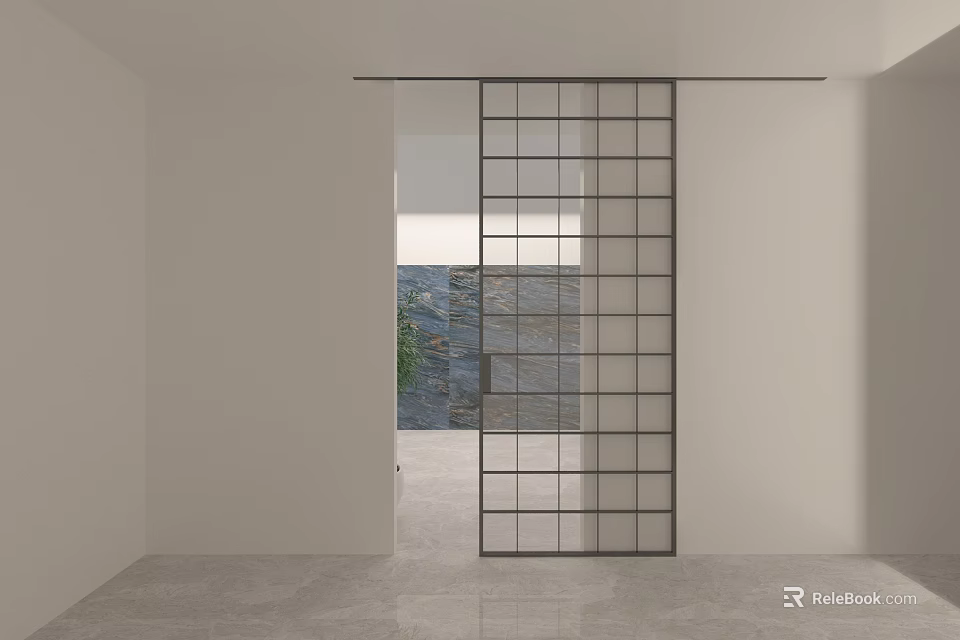 Modern Grid Sliding Door Design With Black Frame In White Room And Marble Floor View 3d model 