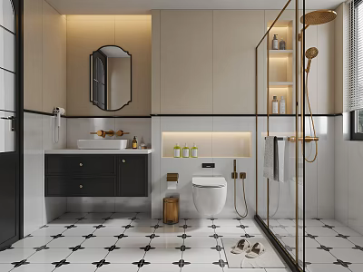 Modern Bathroom Interior With Black White Cabinetry Glass Shower And Patterned Tile Floor 3d model