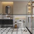 Modern Bathroom Interior With Black White Cabinetry Glass Shower And Patterned Tile Floor