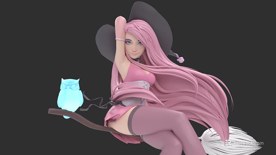 Woman with long pink hair in black witch hat on broom with blue owl lantern 3d model 
