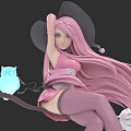 Woman with long pink hair in black witch hat on broom with blue owl lantern