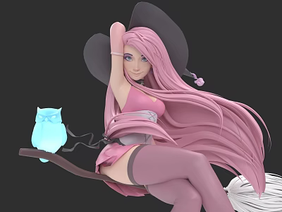 Woman with long pink hair in black witch hat on broom with blue owl lantern 3d model