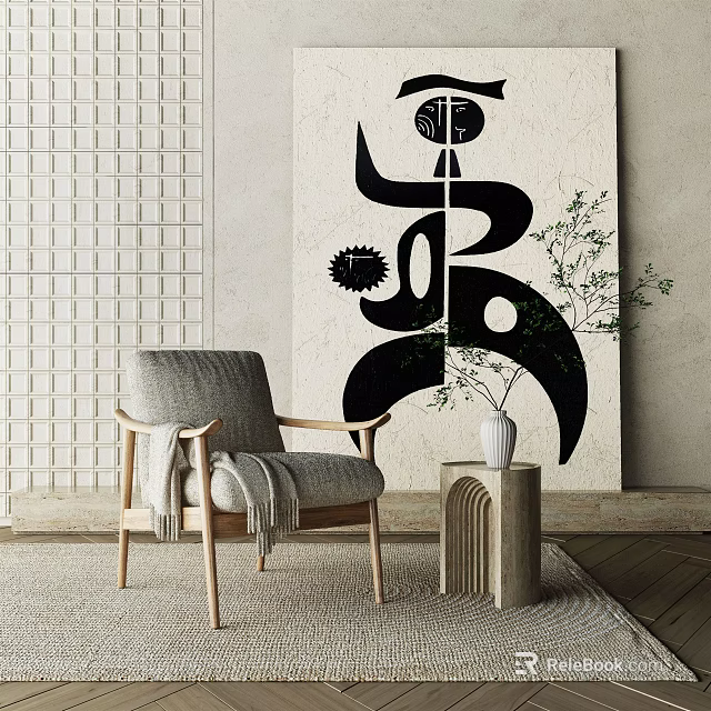 Gray Lounge Chair With Wooden Armrests Blanket And Side Table Vase Plant Abstract Painting Wall 3d model 