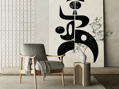 Gray Lounge Chair With Wooden Armrests Blanket And Side Table Vase Plant Abstract Painting Wall 3d model