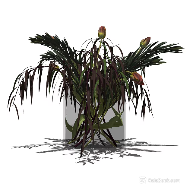 Elegant Square Vase With Green Leaves And Colorful Flower Buds For Home Decor 3d model 