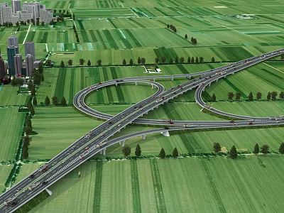 Large Highway Interchange With Multiple Roads Green Farmland Distant City Buildings And Moving Vehicles 3d model